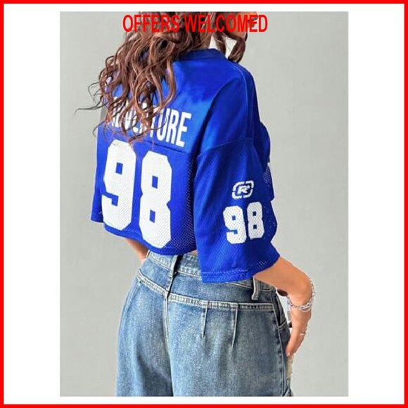 Women's Y2K Jersey Crop Top V-Neck Half Sleeve Graphic Tee Summer Shirt - Picture 3 of 7